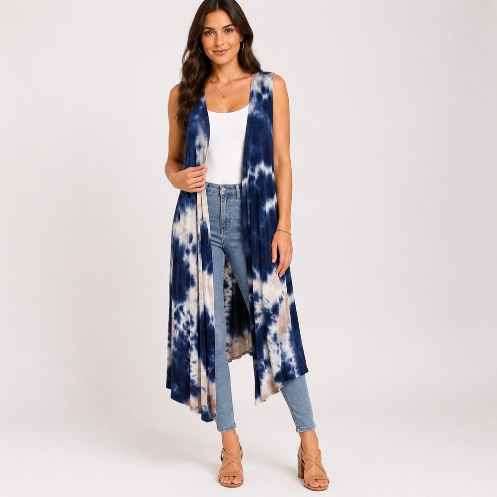 LuLaRoe Womens Tie Dye Sleeveless Duster Cardigan Size XL Ribbed Open Front Blue